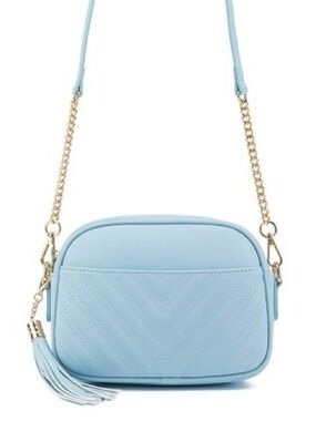 Lola Mae Quilted Chevron Crossbody Bag in Light Blue with Gold Chain